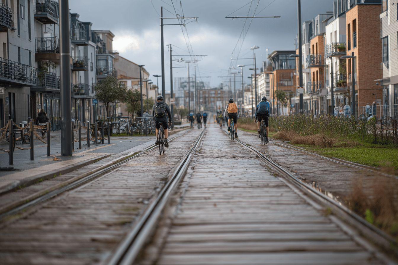 Plusieurs cyclistes pédalant entre immeubles et rails