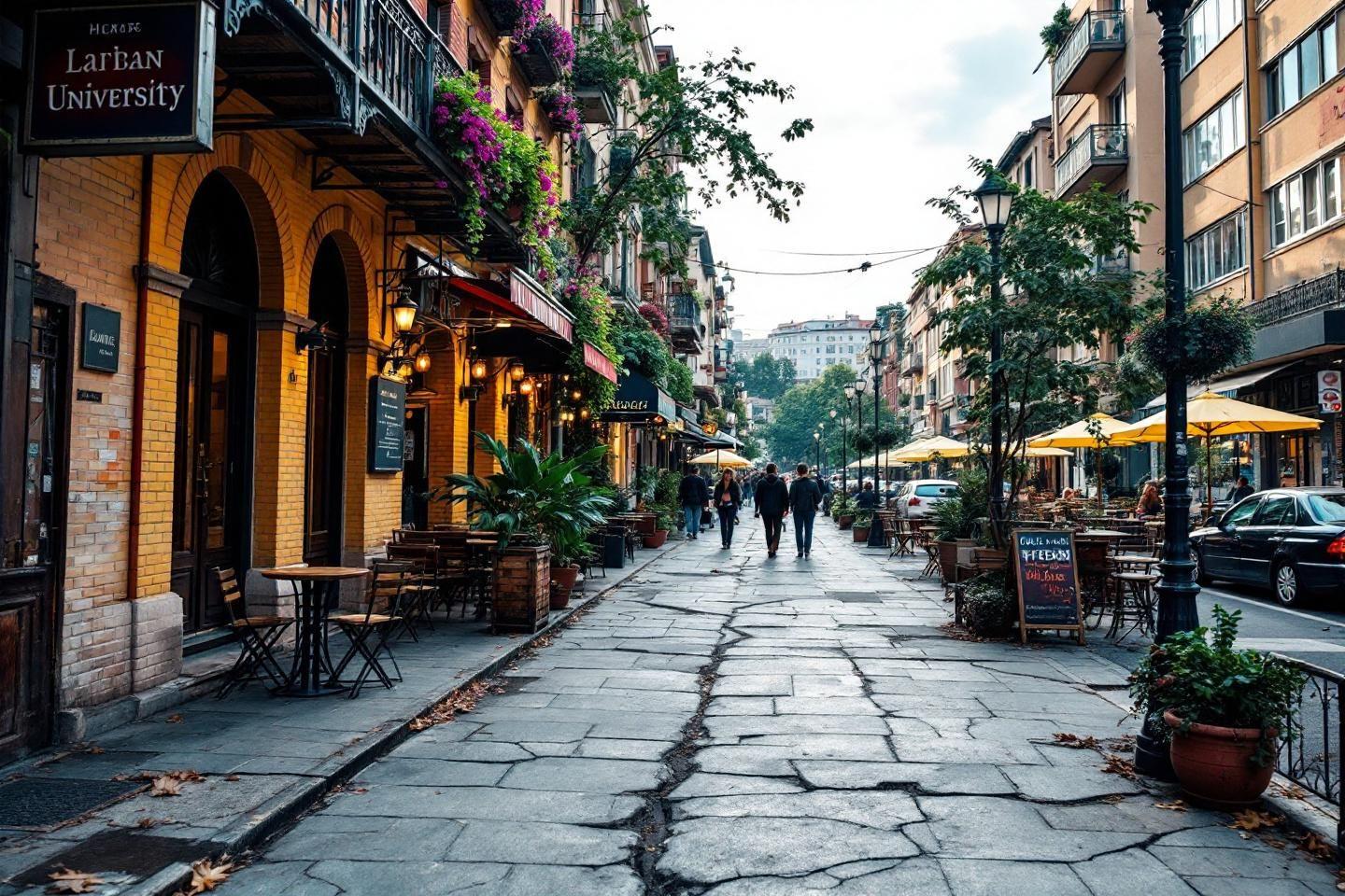 Rue pavée avec cafés, verdure et architecture traditionnelle