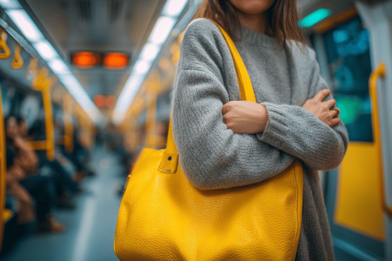 Femme au pull gris et sac jaune dans un wagon