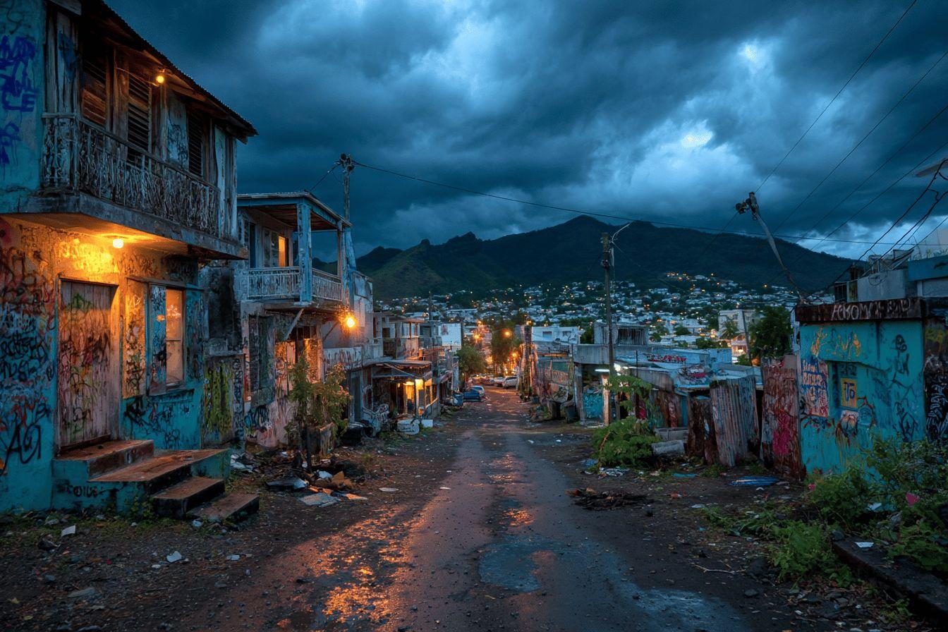 Rue sombre de bidonville avec montagnes en arri&egrave;re-plan