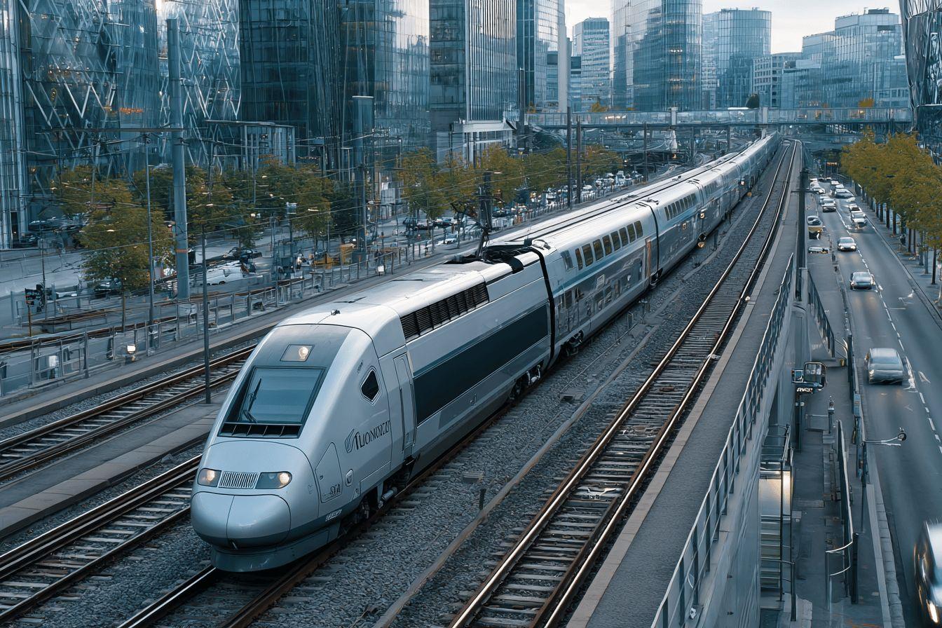 Train &agrave; grande vitesse circulant pr&egrave;s de gratte-ciels