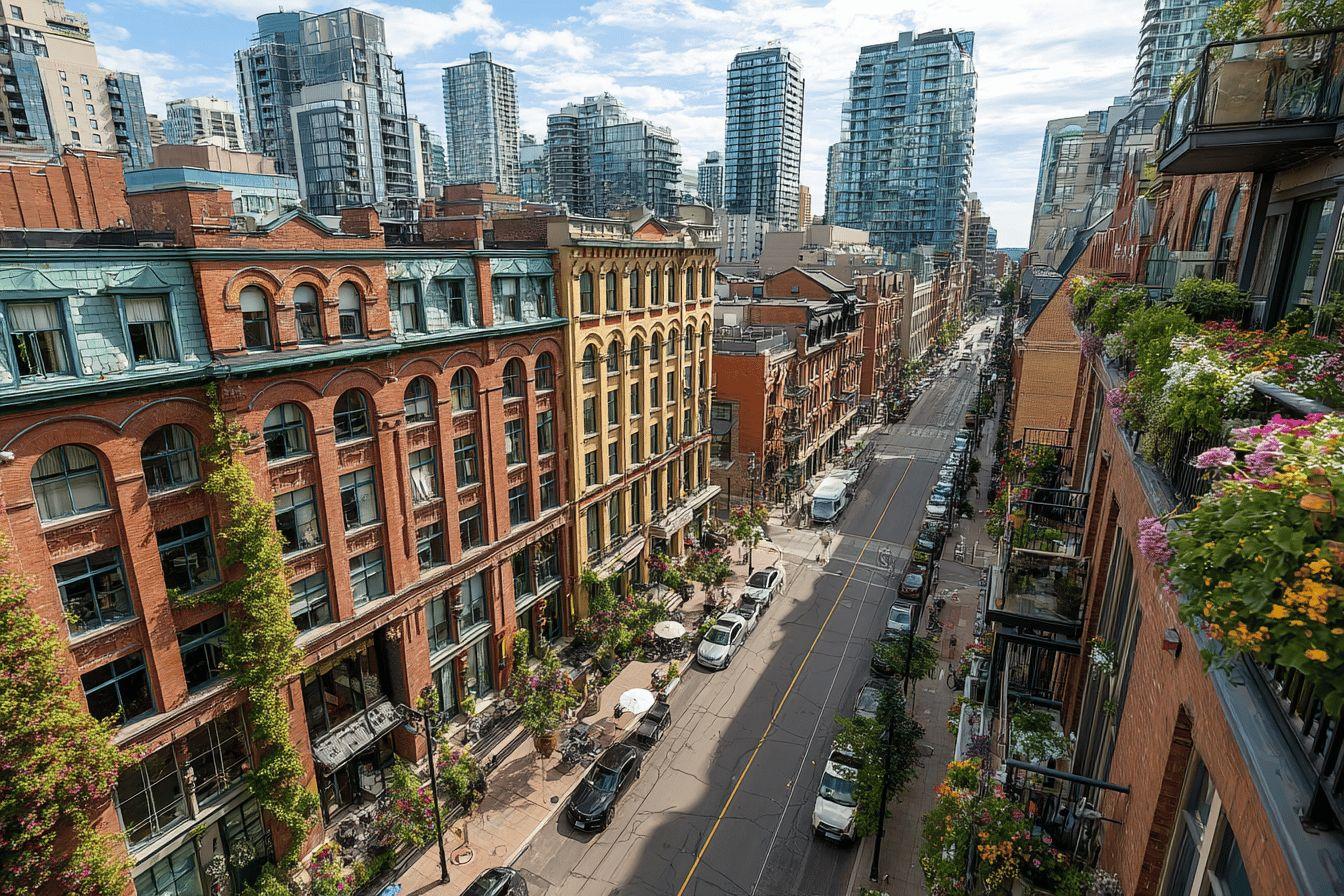 Vue panoramique d'une rue avec immeubles anciens et gratte-ciels