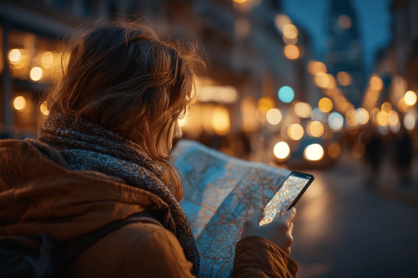 Dos d'une personne regardant un smartphone dans la rue