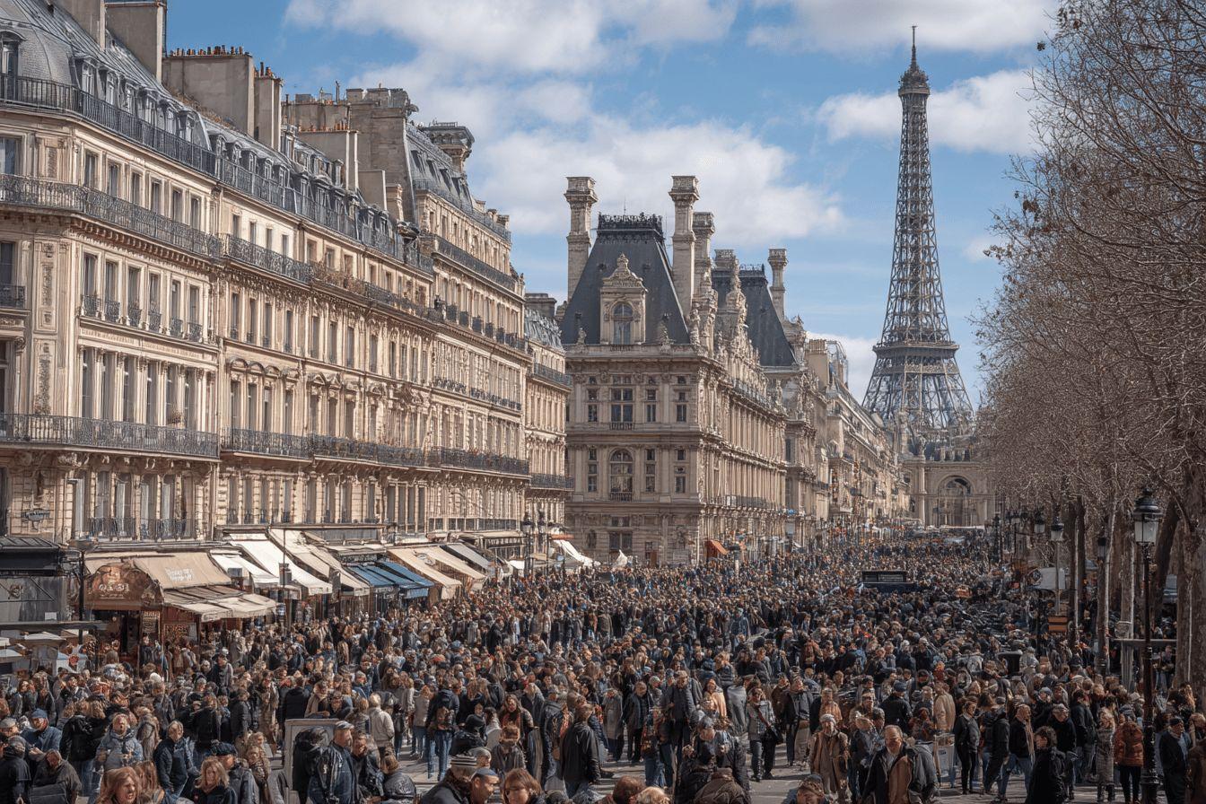 Rue parisienne bondée avec la Tour Eiffel en arrière-plan