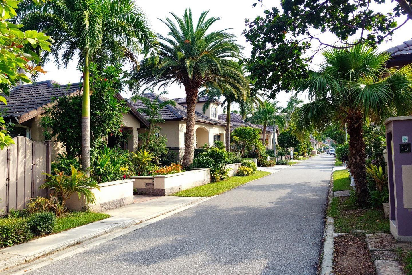 Rue avec palmiers et maisons dans un quartier r&eacute;sidentiel