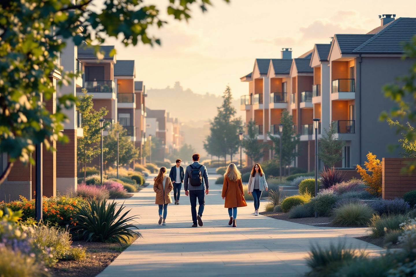 Quatre personnes marchent dans un quartier r&eacute;sidentiel verdoyant