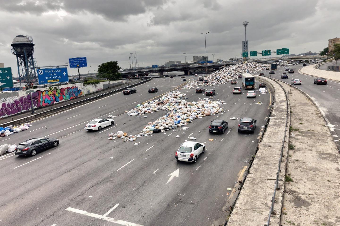 Autoroute avec une grande quantit&eacute; de d&eacute;chets dispers&eacute;s
