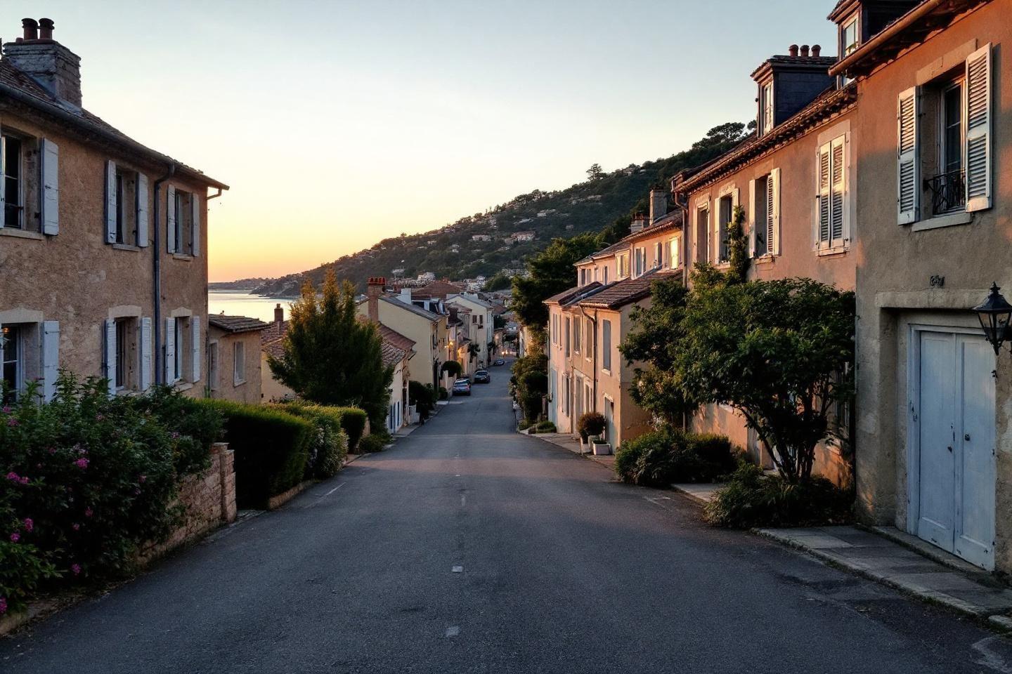 Rue de village c&ocirc;tier au coucher du soleil