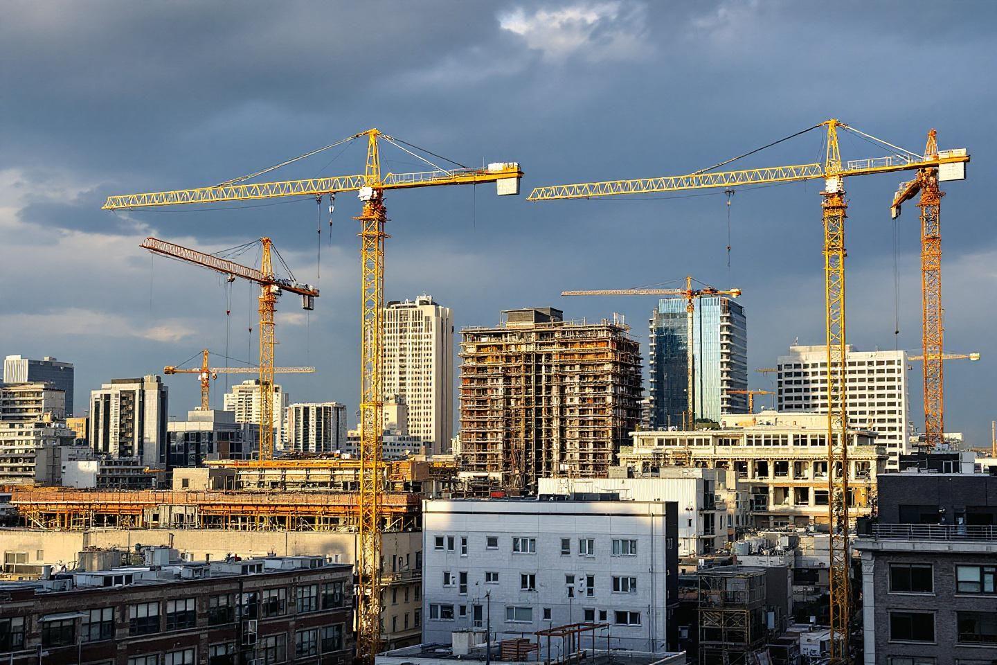 Ville moderne avec grues jaunes et immeubles en d&eacute;veloppement