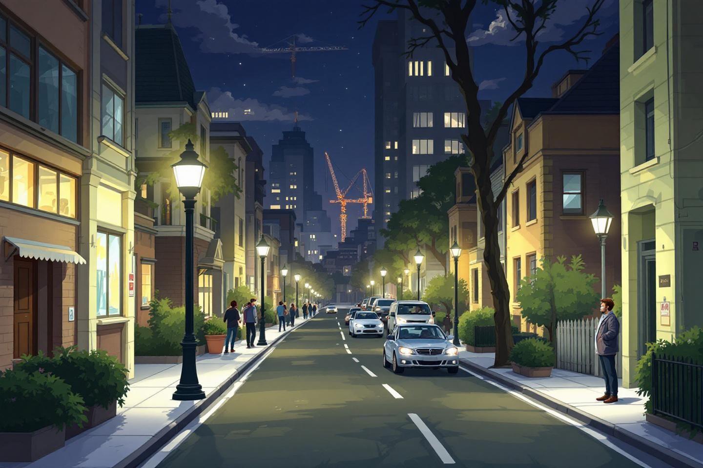 Rue éclairée de ville la nuit avec immeubles