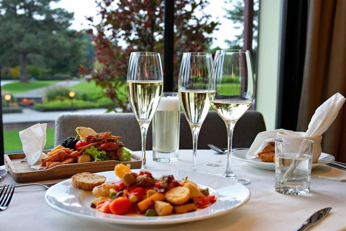 Assiettes de nourriture, verres &agrave; champagne et paysage verdoyant