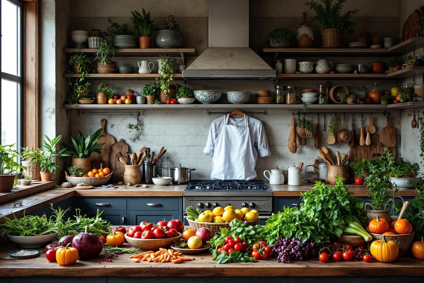 &Eacute;tag&egrave;res de cuisine avec l&eacute;gumes frais et ustensiles en bois