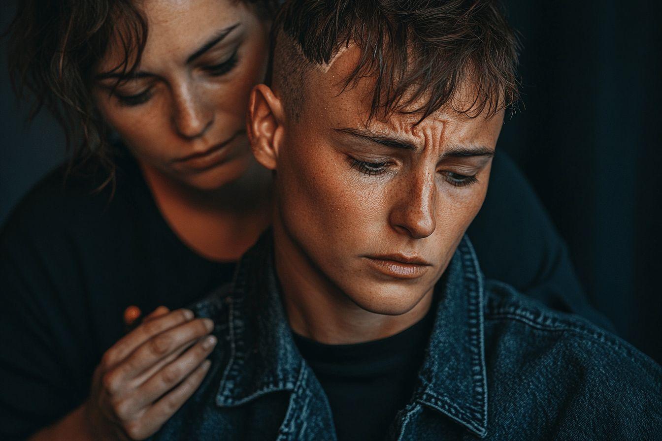 Deux personnes, émotion profonde, gros plan sombre