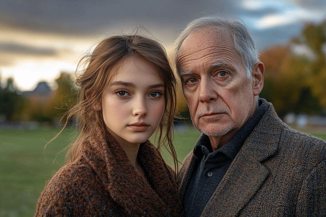 Portrait d'une jeune fille et d'un homme &acirc;g&eacute; c&ocirc;te &agrave; c&ocirc;te