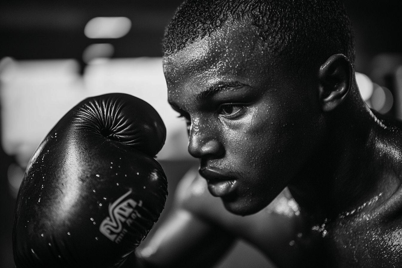 Gros plan sur un boxeur en sueur avec des gants noirs