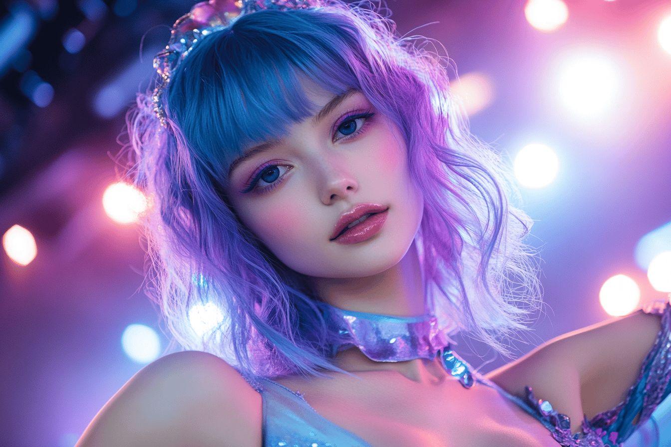 Portrait d'une jeune femme aux cheveux color&eacute;s et lumi&egrave;res bokeh