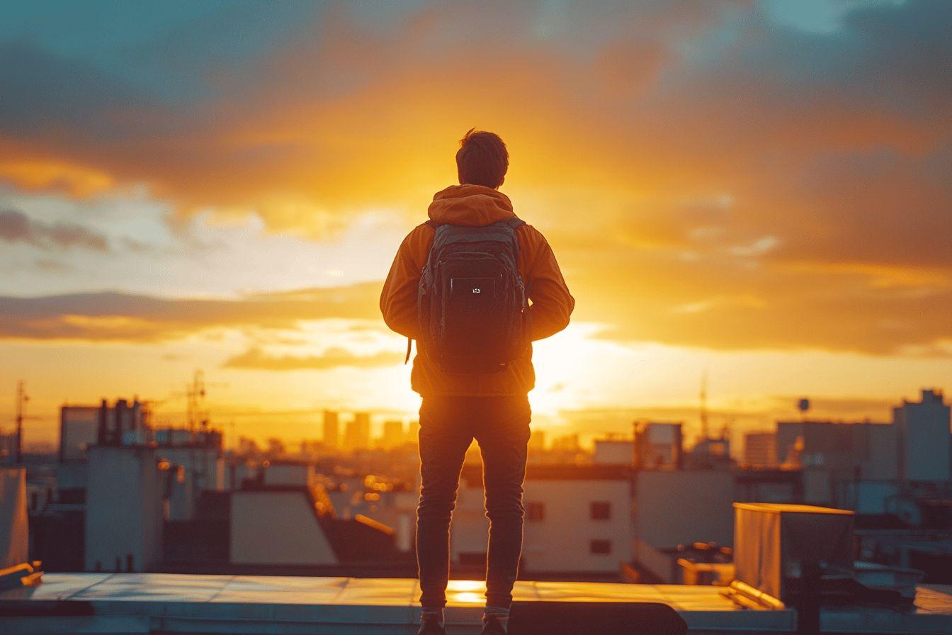 Dos d'un voyageur regardant le coucher de soleil sur la ville