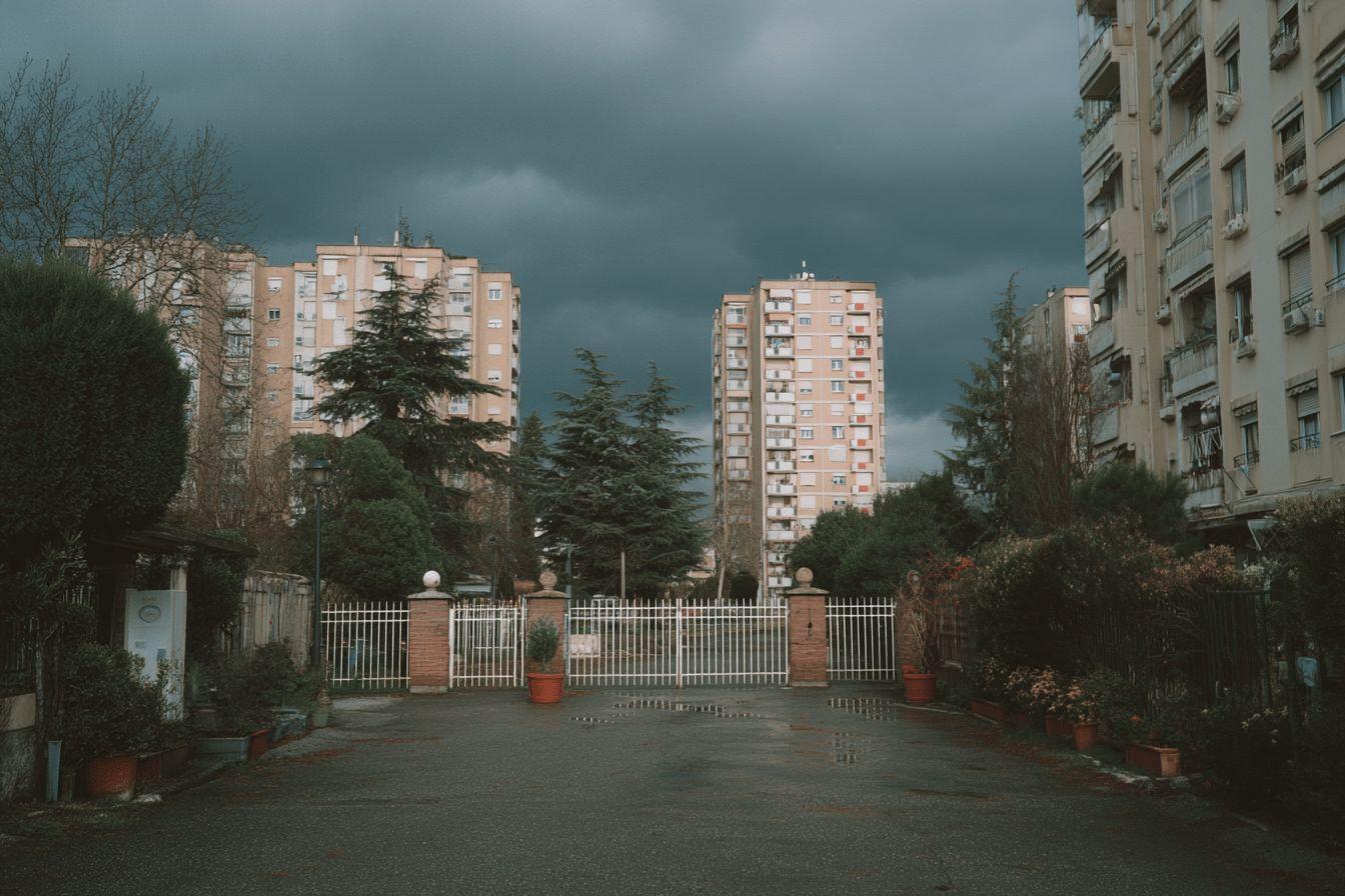 Immeubles r&eacute;sidentiels avec arbres et grille m&eacute;tallique