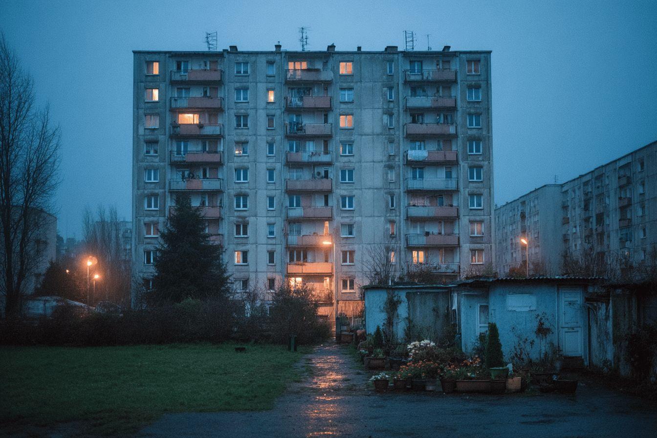 B&acirc;timent r&eacute;sidentiel gris avec lumi&egrave;res, arbres et cabanons