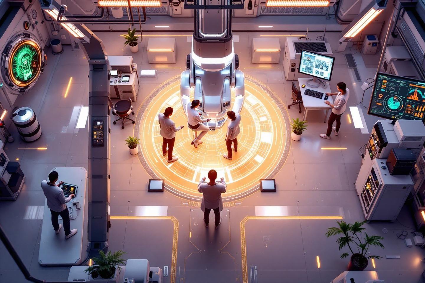Salle technologique avec robot central et personnes travaillant