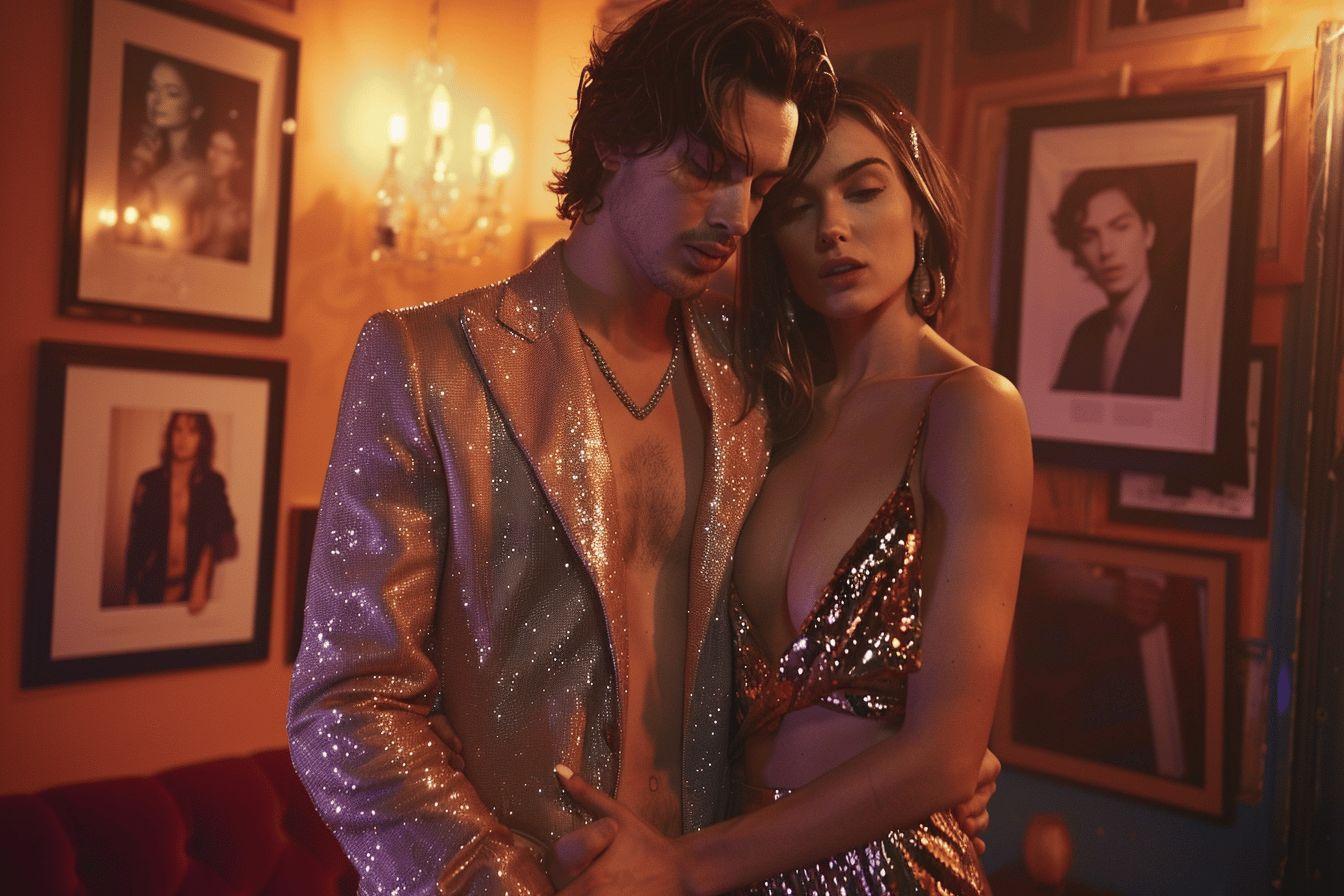 Deux personnes habill&eacute;es de fa&ccedil;on scintillante et &eacute;l&eacute;gante dans un d&eacute;cor luxueux