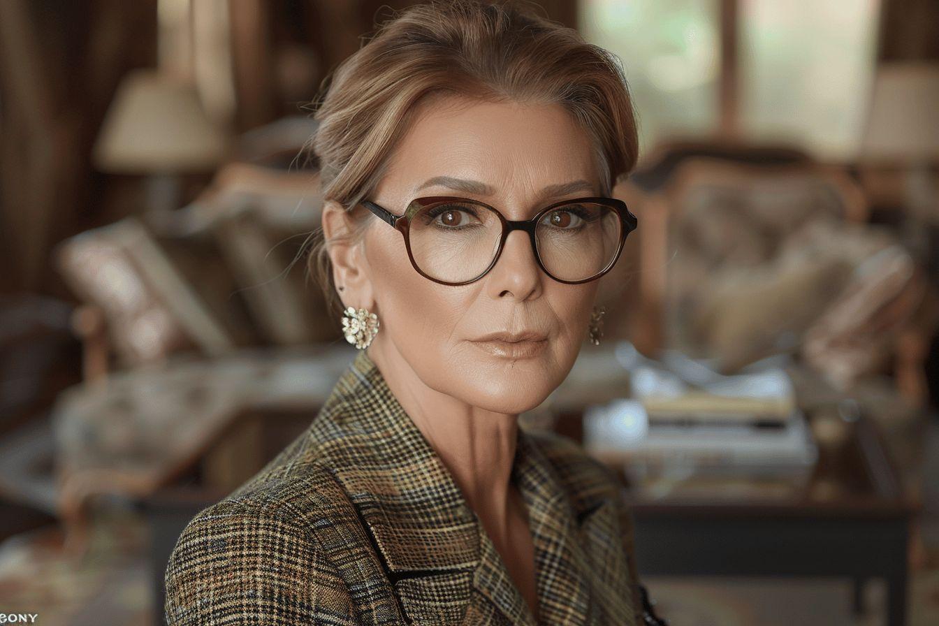 Femme âgée au regard sérieux, portant des lunettes et un manteau à carreaux