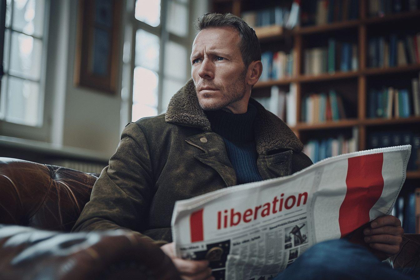 Homme pensif lisant un journal intitulé 'Libération' dans une bibliothèque