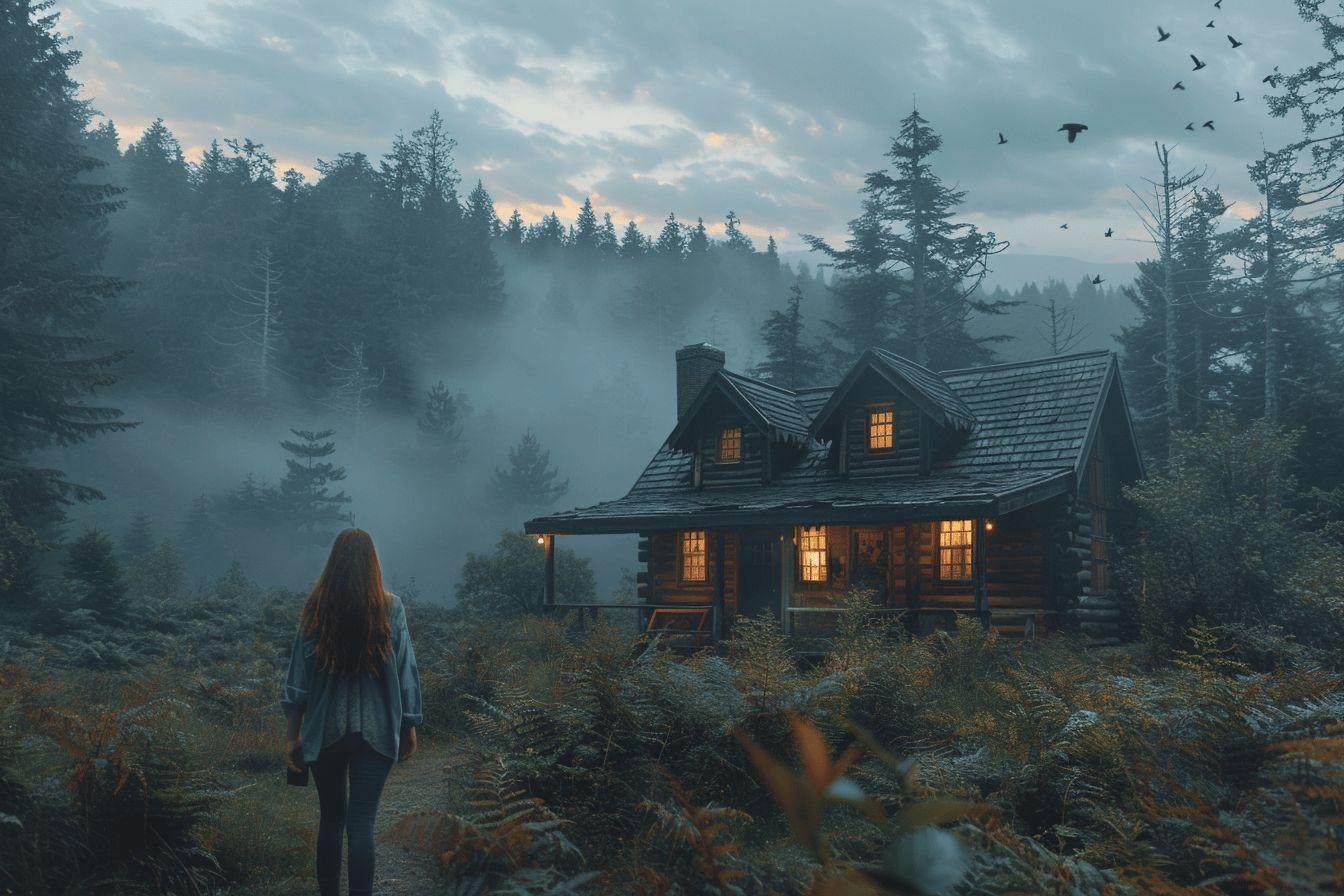Une femme marchant vers une cabane en bois dans une for&ecirc;t brumeuse et sombre