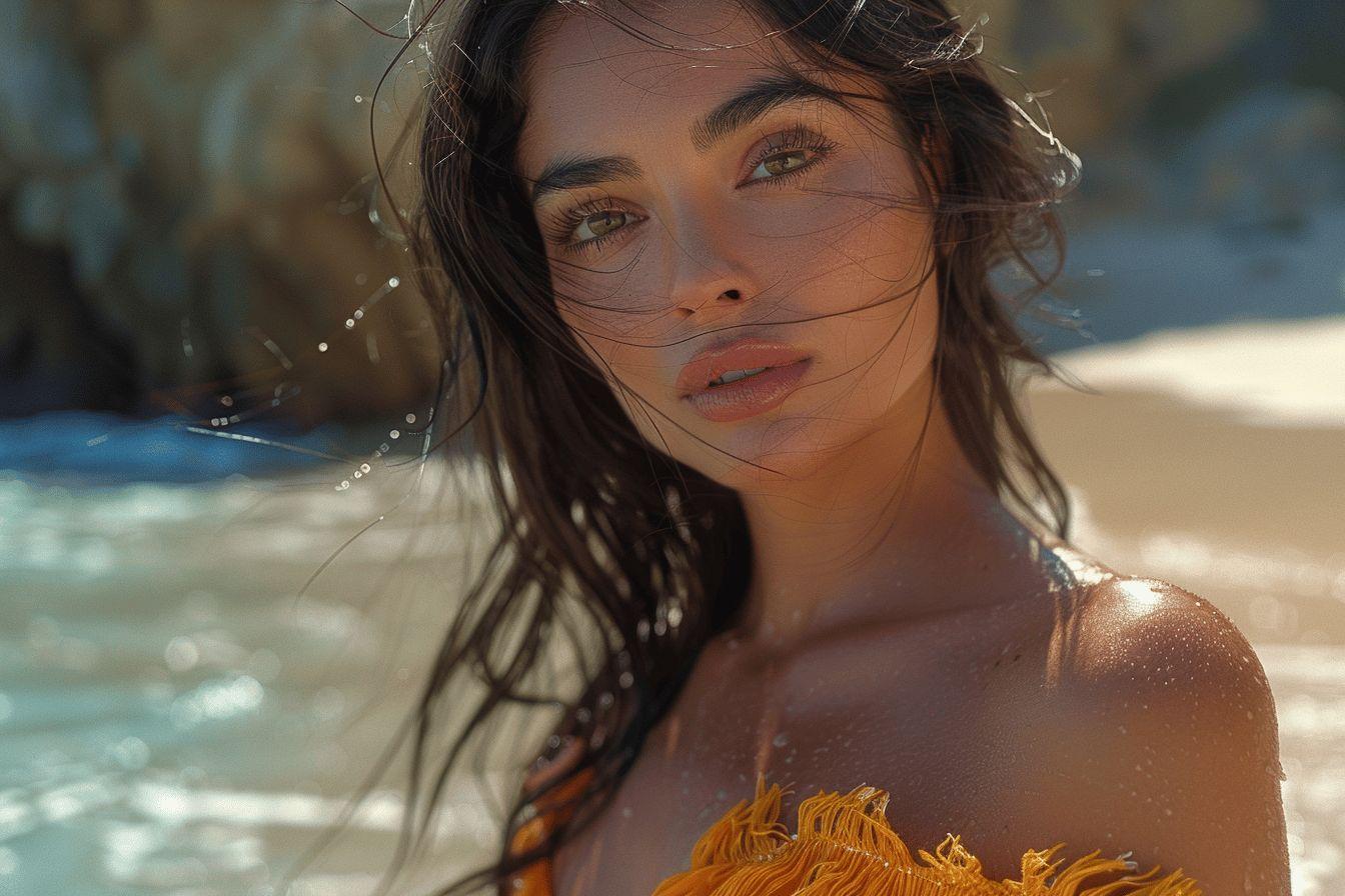 Portrait d'une femme au regard envo&ucirc;tant, les cheveux mouill&eacute;s sous les rayons du soleil