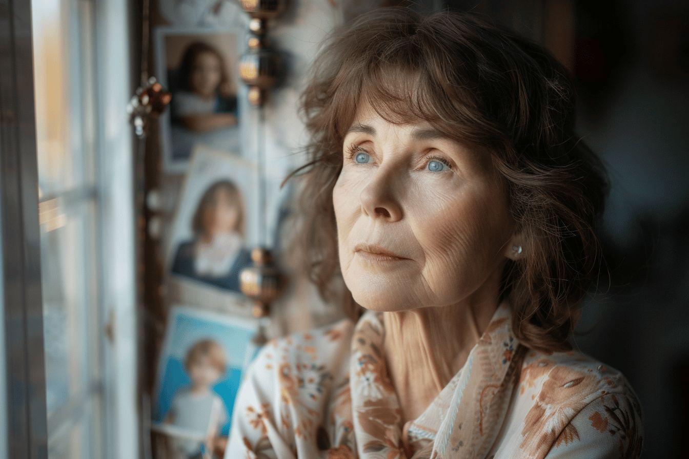 Femme âgée au regard mélancolique, devant un miroir encadré.