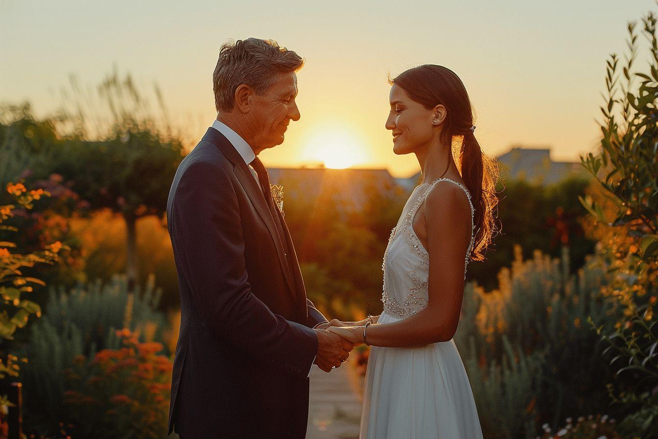 Couple &eacute;l&eacute;gant se tenant la main dans un paysage magnifique au cr&eacute;puscule