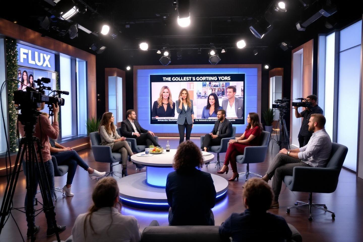 Plateau de t&eacute;l&eacute;vision avec invit&eacute;s et &eacute;cran g&eacute;ant