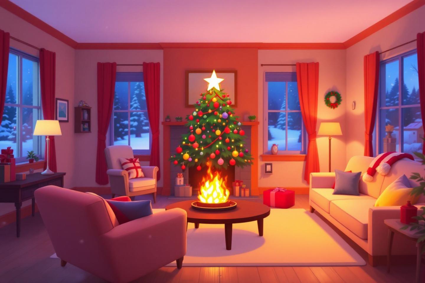 Int&eacute;rieur de salon d&eacute;cor&eacute; pour No&euml;l avec sapin et chemin&eacute;e