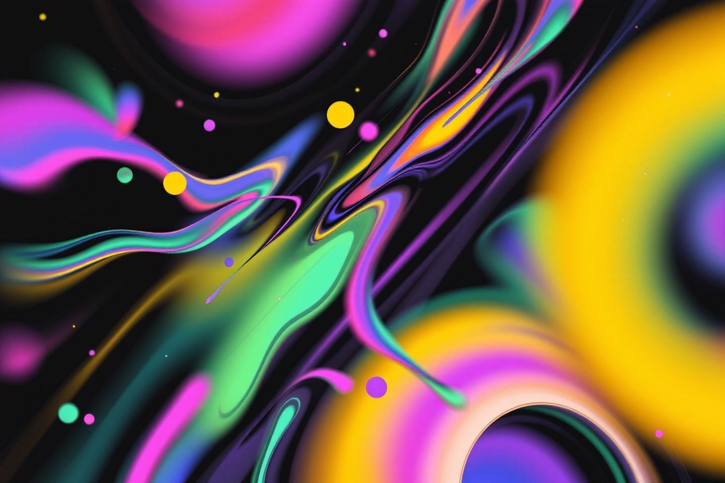 Vagues fluides multicolores sur fond noir avec cercles