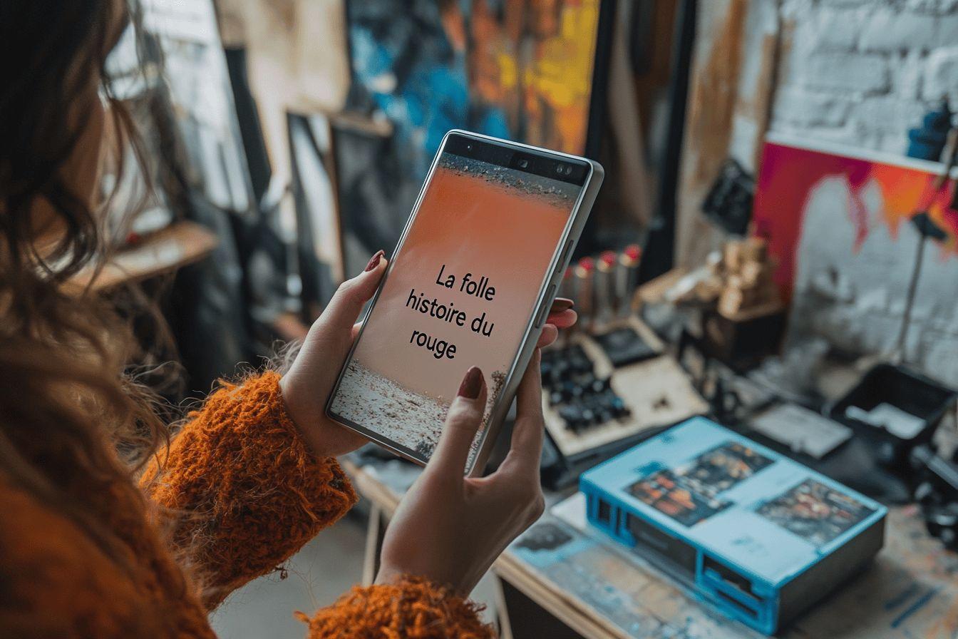 Tablette affichant un texte fran&ccedil;ais dans un environnement cr&eacute;atif