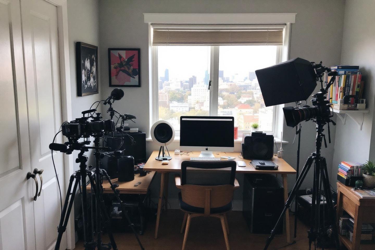 Espace de travail avec cam&eacute;ras, ordinateur et vue sur la ville