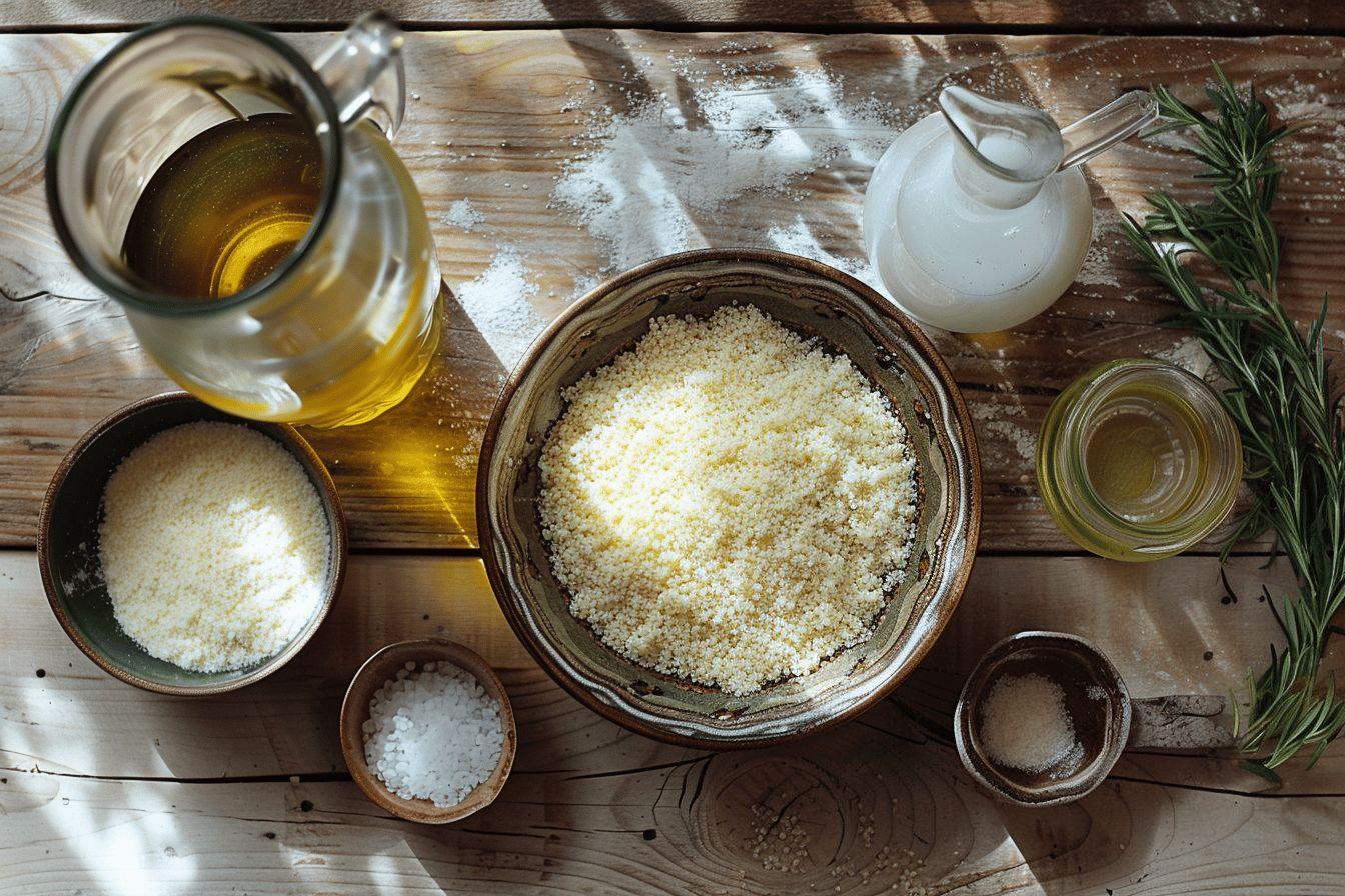 Bol de c&eacute;r&eacute;ales, de sel, d'huile et de fines herbes sur une table en bois