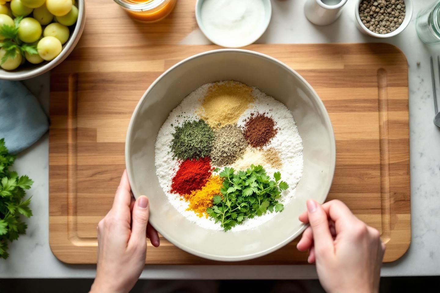 Bol blanc avec diverses épices colorées et persil frais