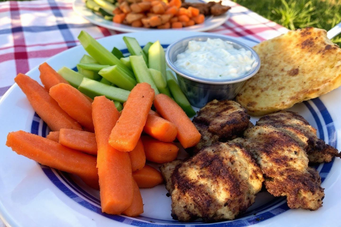 Assiette avec poulet doré, carottes, concombres et trempette blanche