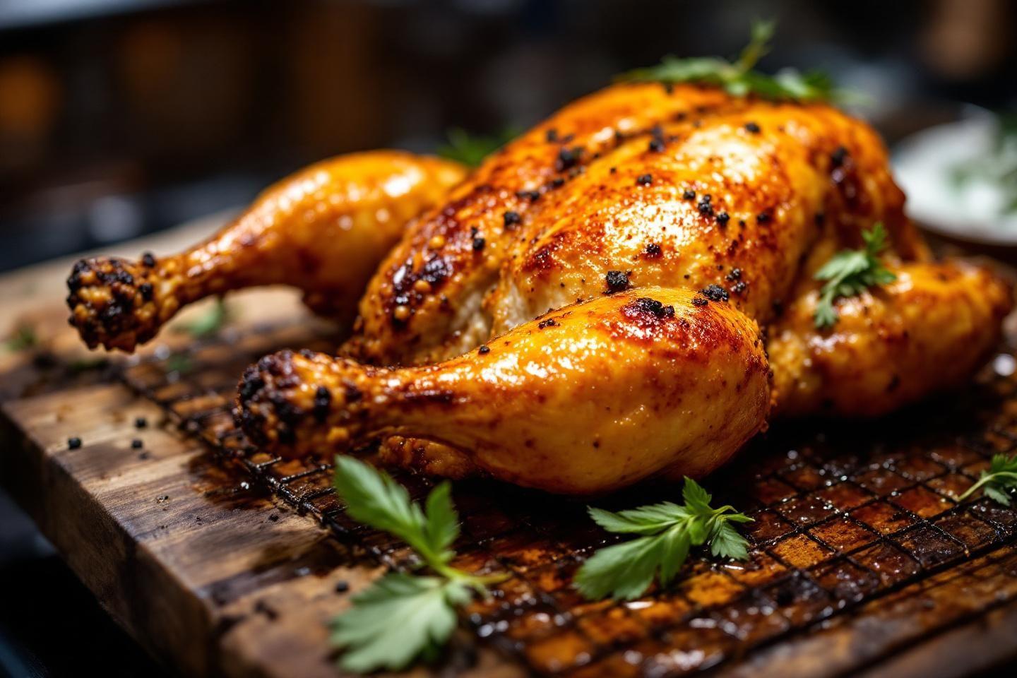 Poulet dor&eacute; et croustillant sur une planche en bois