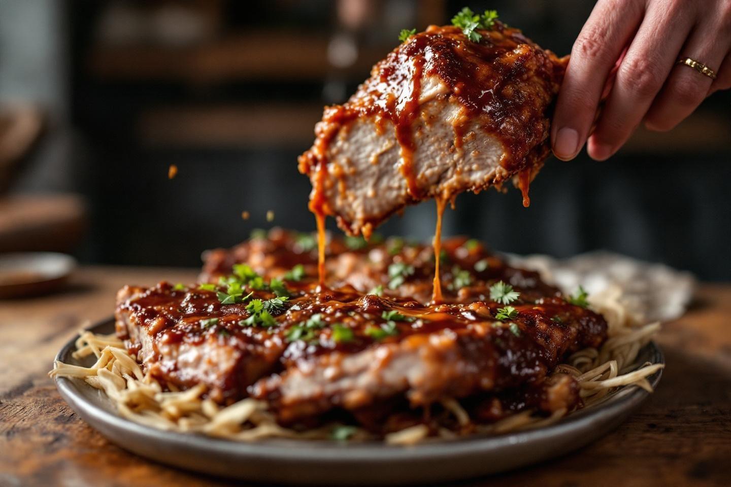 C&ocirc;tes de porc brillantes sur lit de p&acirc;tes avec sauce