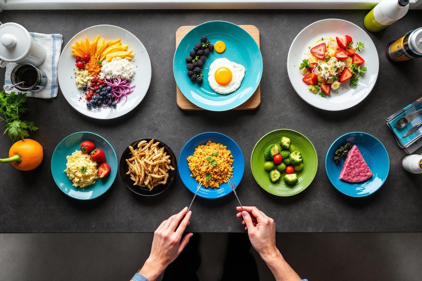 Assiettes multicolores de nourriture avec des mains tenant des couverts