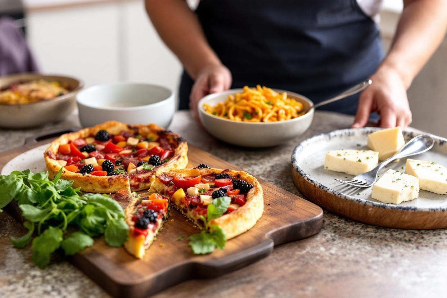 Tarte aux fruits et l&eacute;gumes avec fromage et salade verte