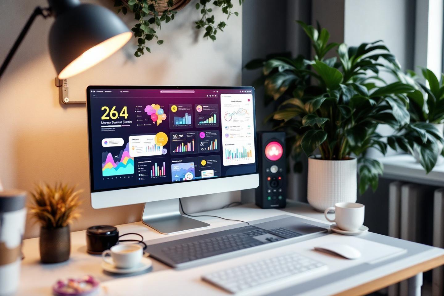 Bureau avec &eacute;cran d'analytics, plantes et accessoires technologiques