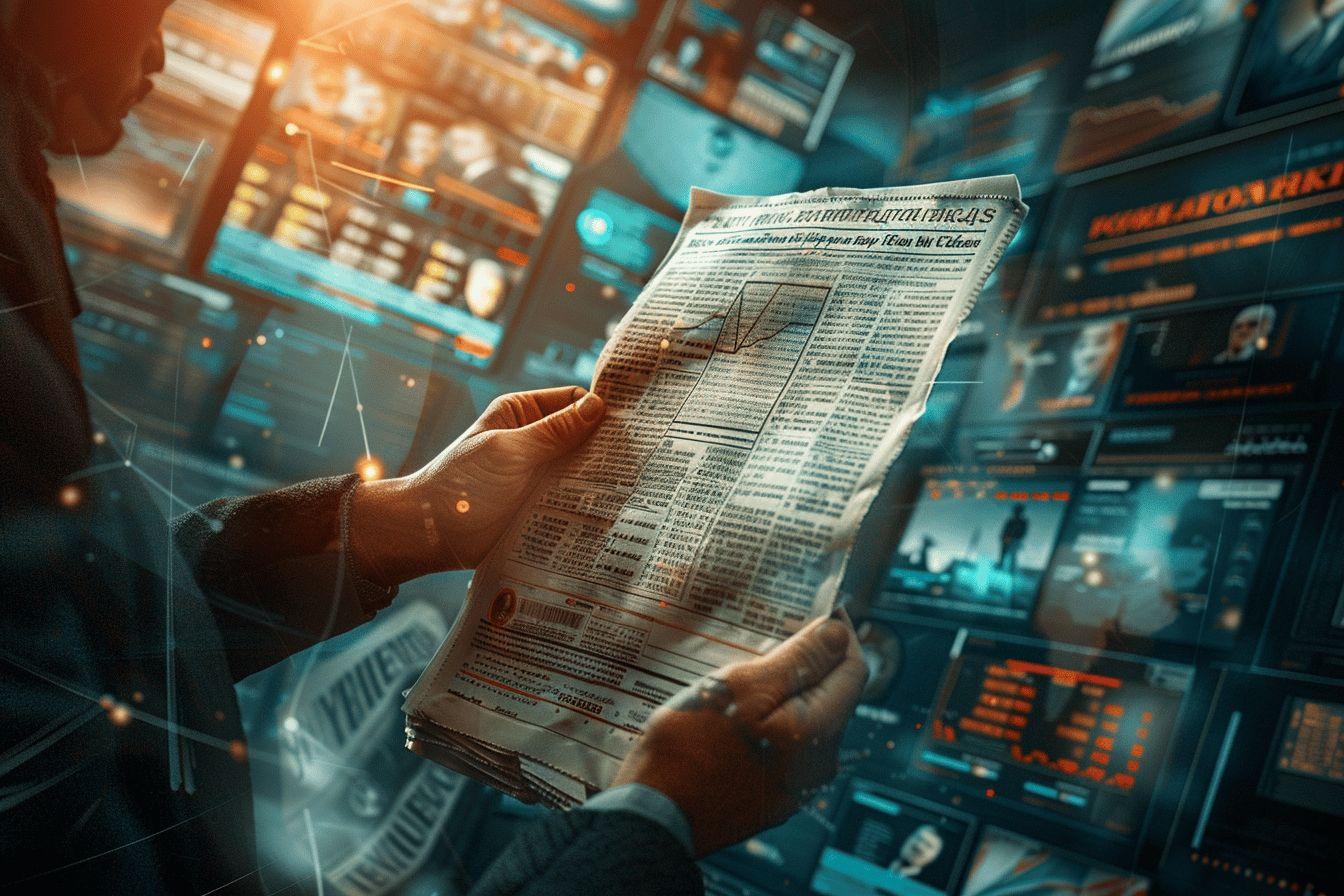 Mains tenant un journal financier dans un environnement numérique