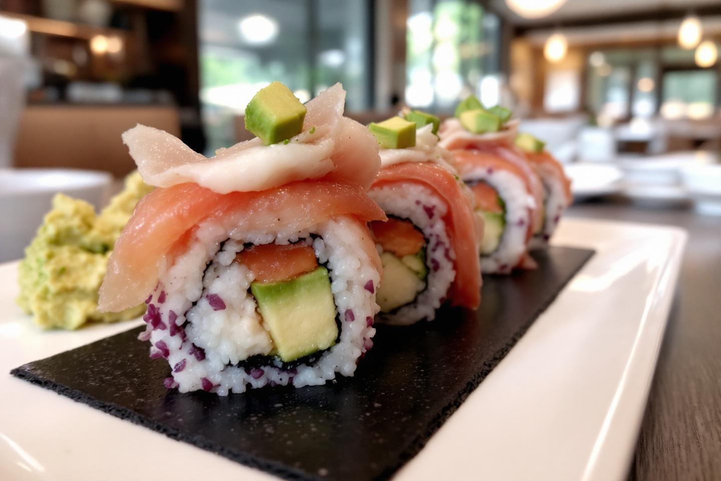 Rouleaux de sushi garnis de saumon frais et d'avocat