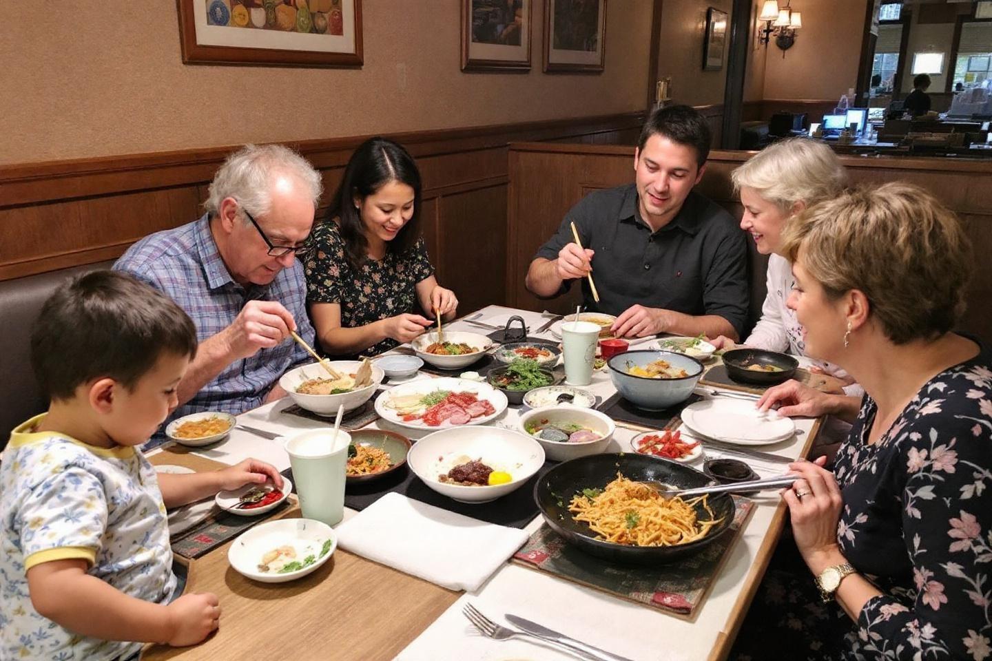 Groupe multig&eacute;n&eacute;rationnel partageant un repas autour d'une table