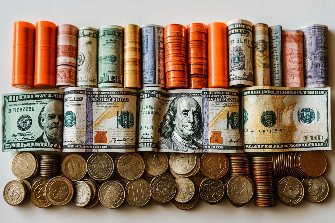 Liasses de dollars américains et pièces de différentes couleurs