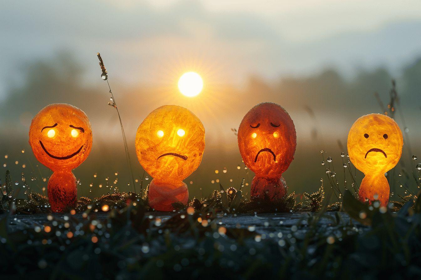 Figurines orang&eacute;es exprimant diverses &eacute;motions au cr&eacute;puscule