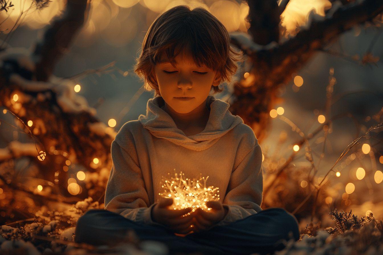 Un enfant dans un environnement f&eacute;&eacute;rique, tenant une explosion de lumi&egrave;re dor&eacute;e.